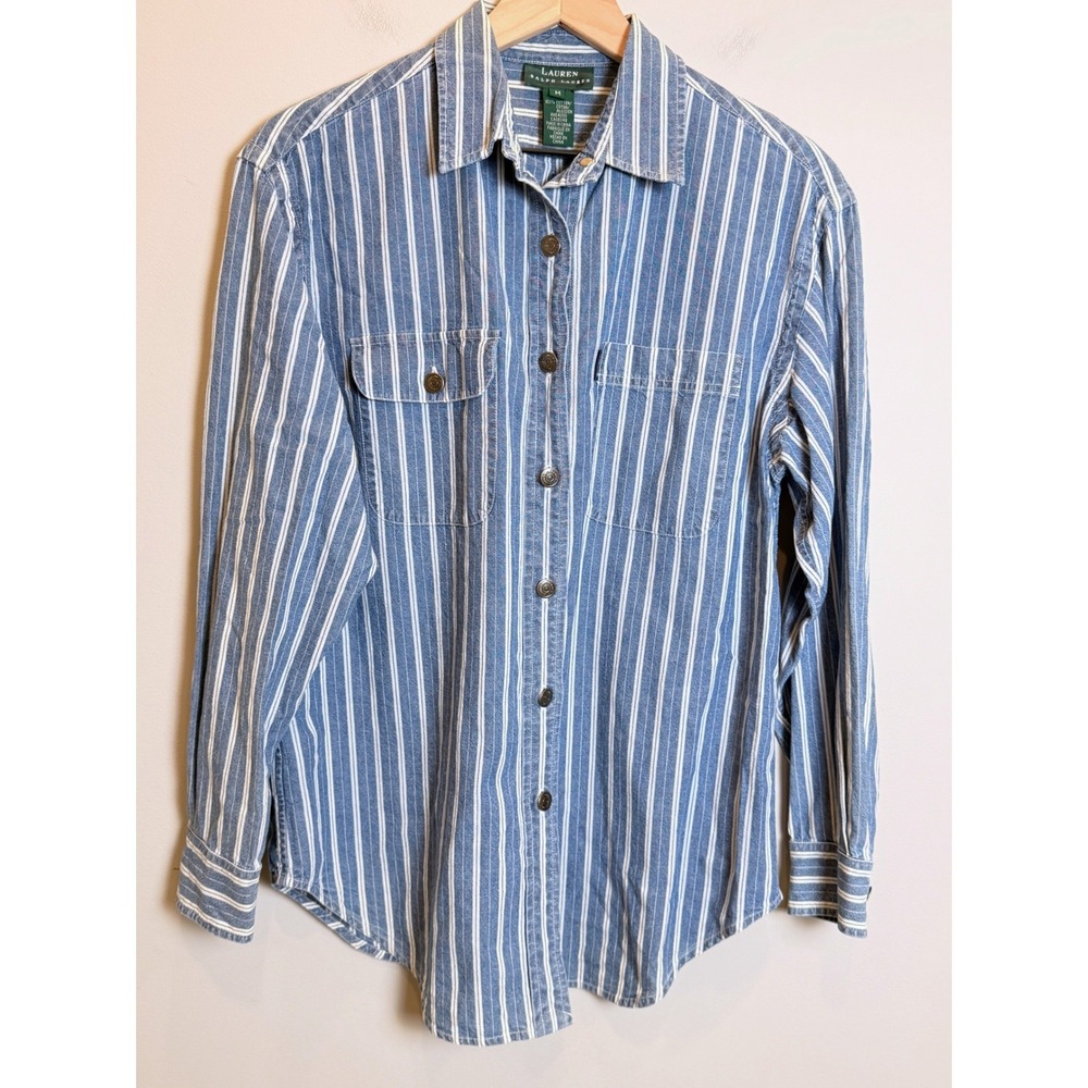 Lauren Ralph Lauren Cotton Button Down Long Sleeve Shirt Blue White Stripe M